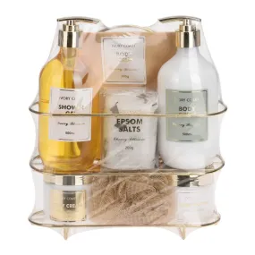 Bath Rack Set of Exfoliator, Epsom Salts, Body Lotion, Butter, Gel and Cream