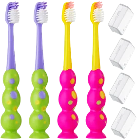 Kids Toothbrush 4 Pack - Soft Contoured Bristles - Child Sized Brush Heads (3-10 Year Old) - Suction Cup for Fun & Easy Storage - Girl & Boy Set (Green & Pink)