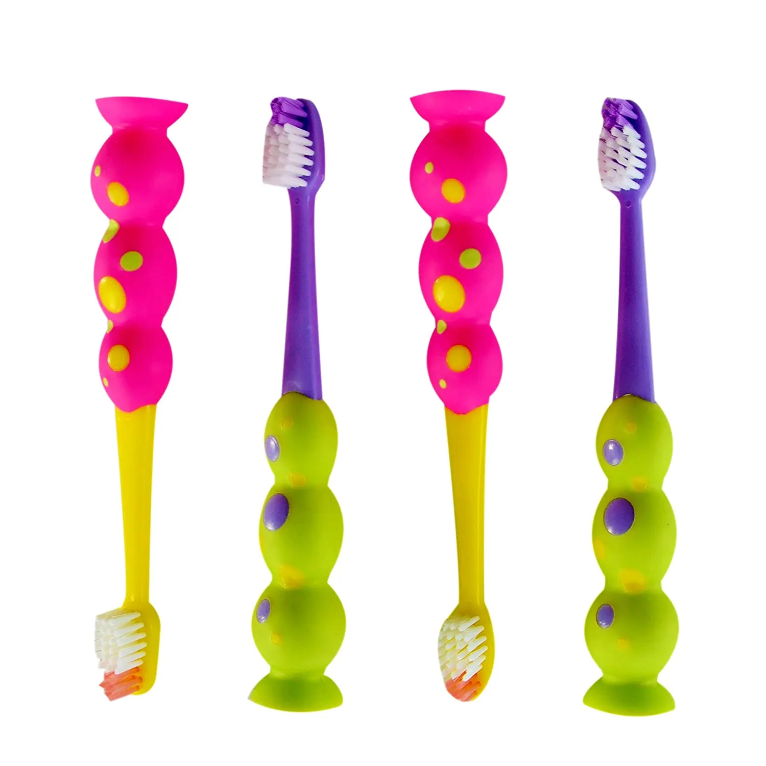 Kids Toothbrush 4 Pack - Soft Contoured Bristles - Child Sized Brush Heads (3-10 Year Old) - Suction Cup for Fun & Easy Storage - Girl & Boy Set (Green & Pink)