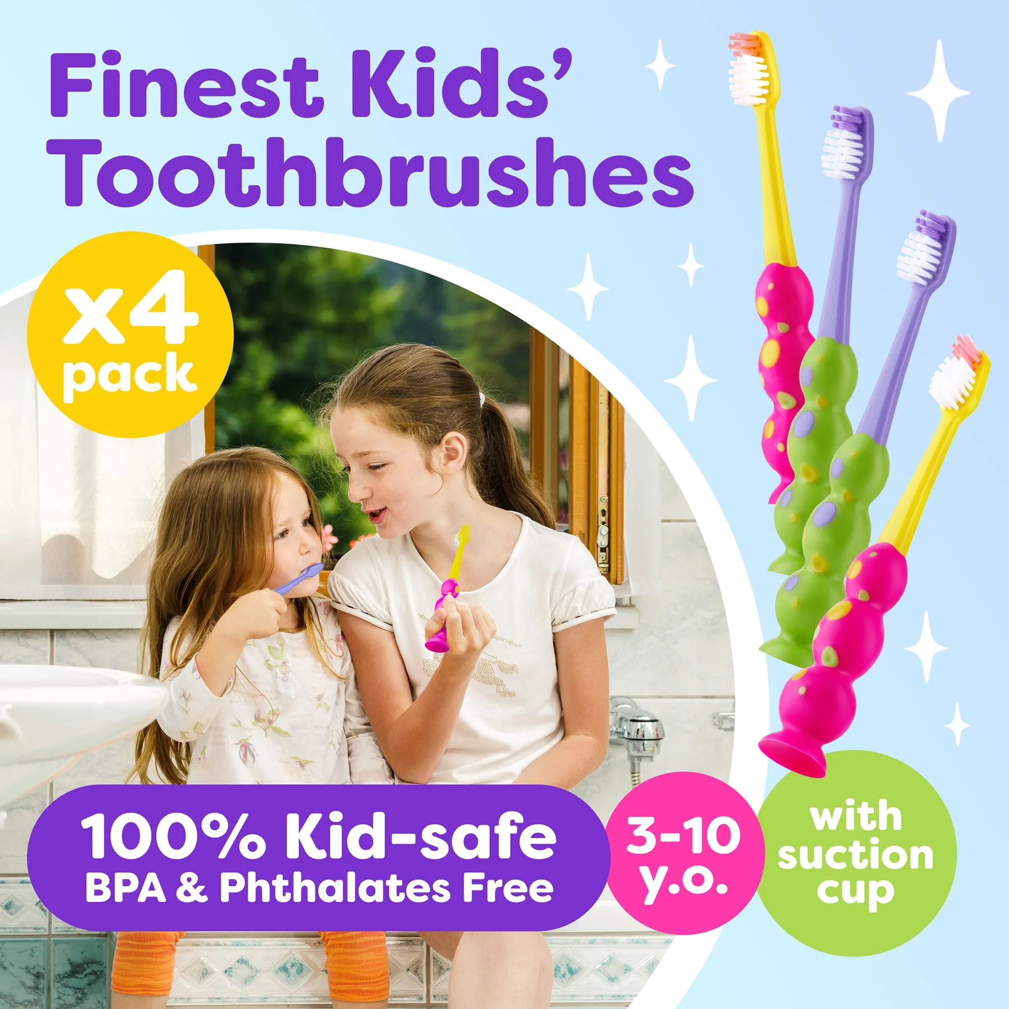 Kids Toothbrush 4 Pack - Soft Contoured Bristles - Child Sized Brush Heads (3-10 Year Old) - Suction Cup for Fun & Easy Storage - Girl & Boy Set (Green & Pink)