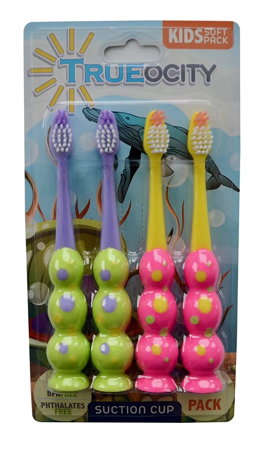 Kids Toothbrush 4 Pack - Soft Contoured Bristles - Child Sized Brush Heads (3-10 Year Old) - Suction Cup for Fun & Easy Storage - Girl & Boy Set (Green & Pink)