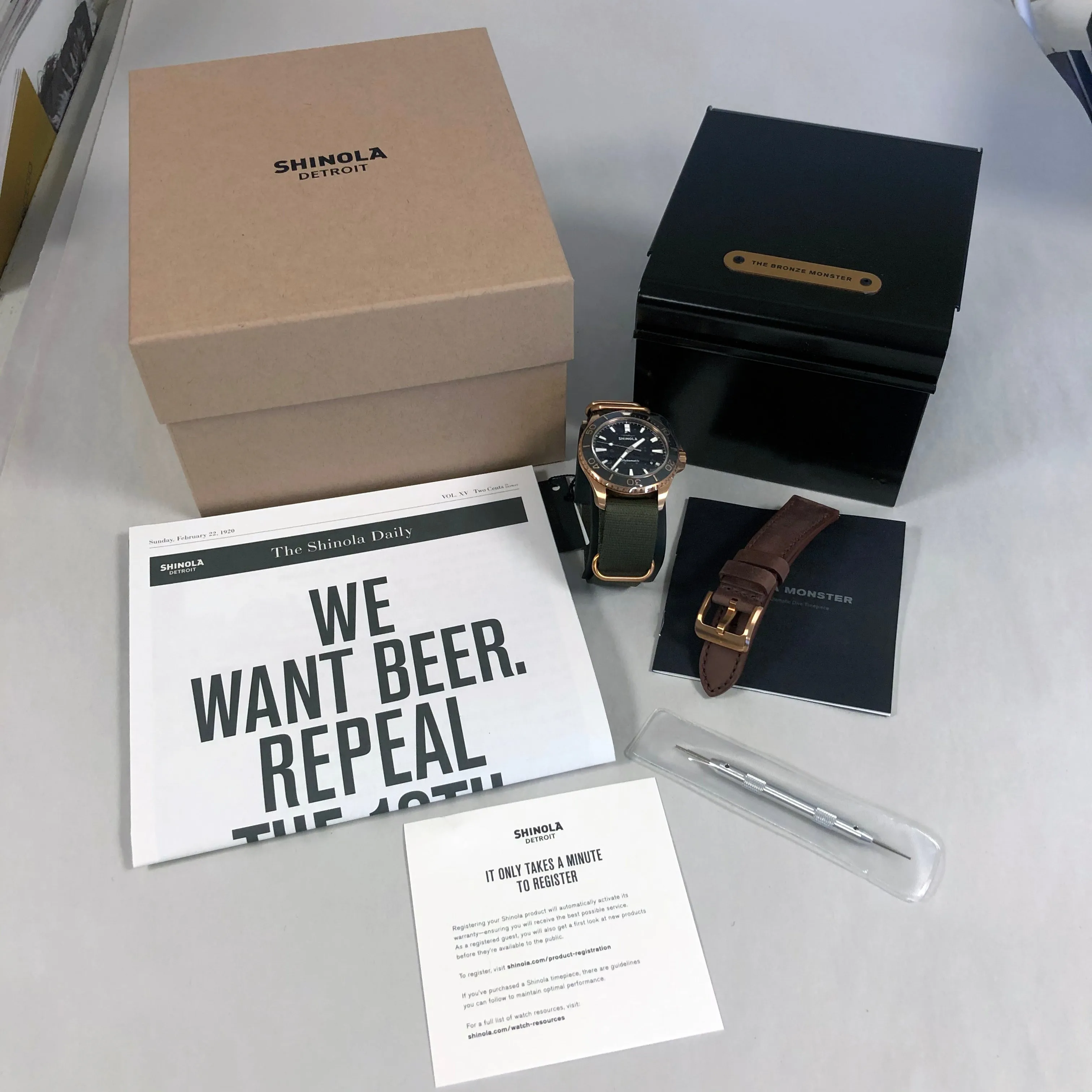 Shinola Bronze Monster Automatic 43mm Limited Gift Set Rumrunner Prohibition Watch